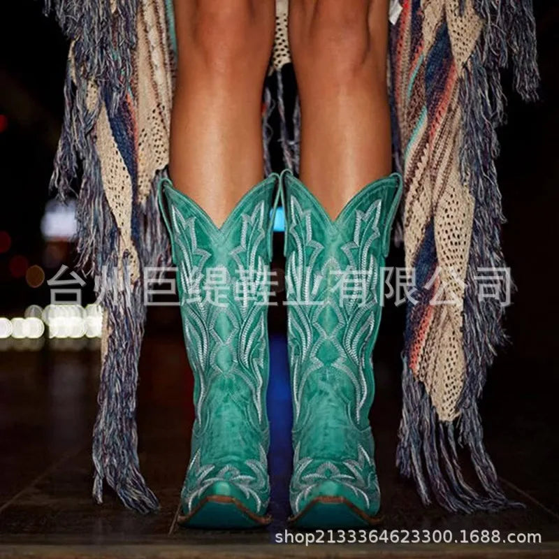 Ladies Boot Classic Embroidered Western Cowboy Boots Women Leather