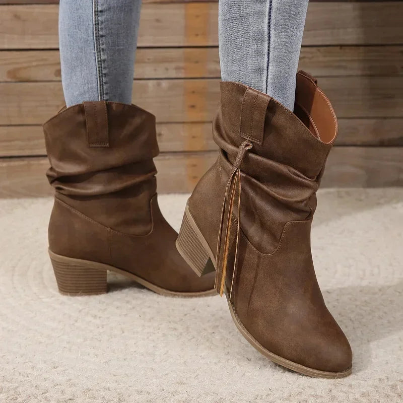 Women Vintage Brown Western Cowboy Boots Autumn Winter Tassel PU