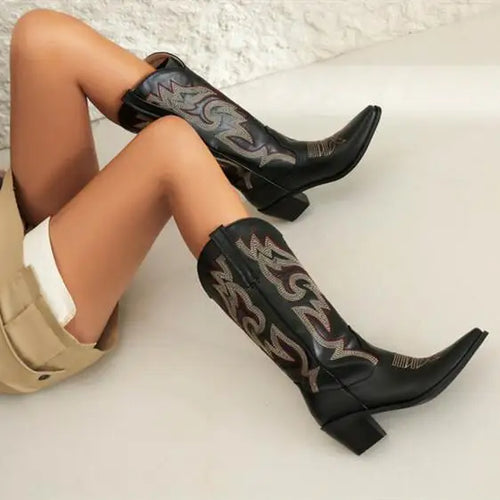 Cowgirl Boots Women Embroidery Knee High mid Calf Cowboy Boots Slip On