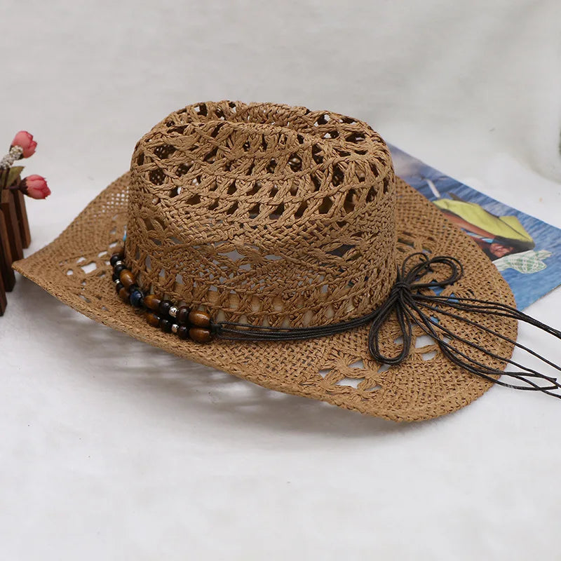 Straw Hat Women Men Summer Handmade Vintage Hollow Western brim Sun