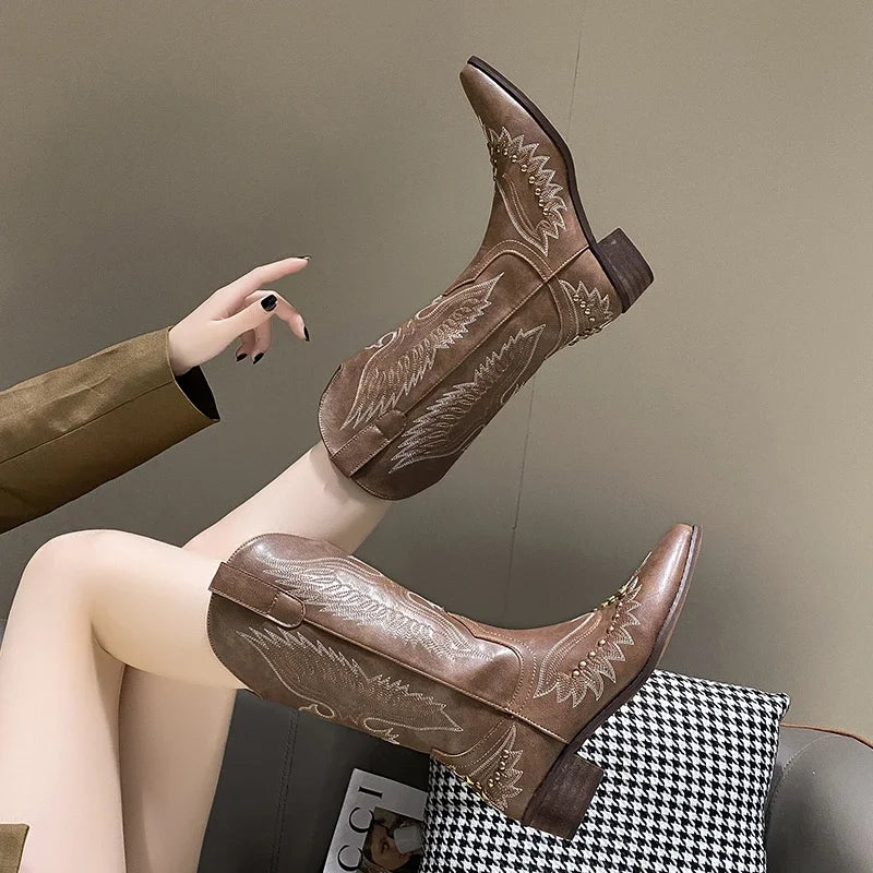 Studded Boots Women Low Heel Cowboy Chelsea Western Short Leather Knee