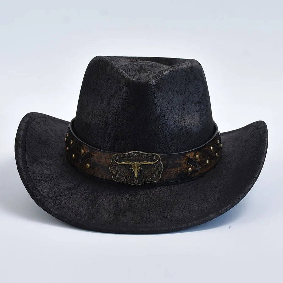 Men Women Western Cowboy Hats Faux Leather Vintage Gentleman Cowgirl