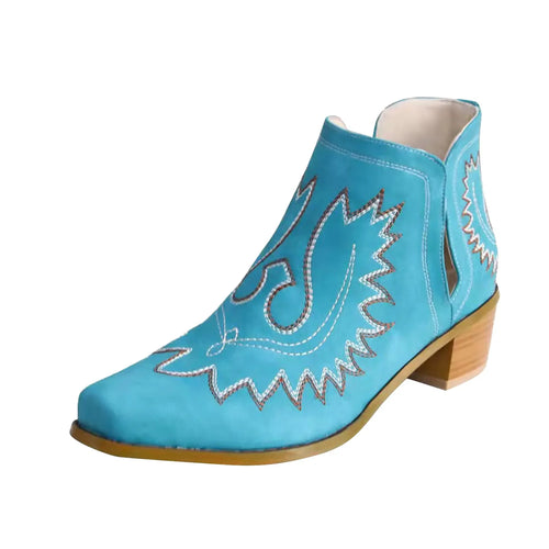 Women Boots Flower Embroidered Cowboy Boots Platform Winter Warm Ankle