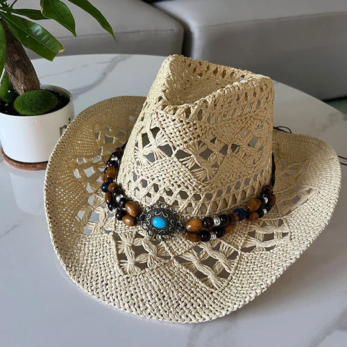 Straw Hat Women Men Summer Handmade Vintage Hollow Western brim Sun