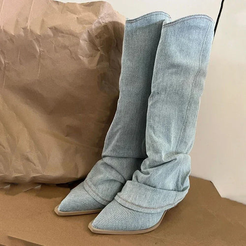 Pleats Blue Denim Boots