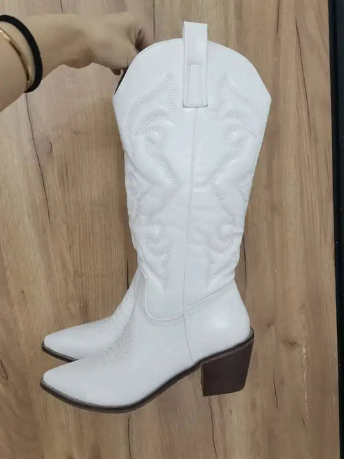 Silver Metallic Cowboy Boots For Women Pointed Toe Wide Calf Western