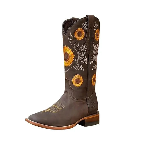 New Women Coffee Brown Embroidery Boots PU Leather Printed Western