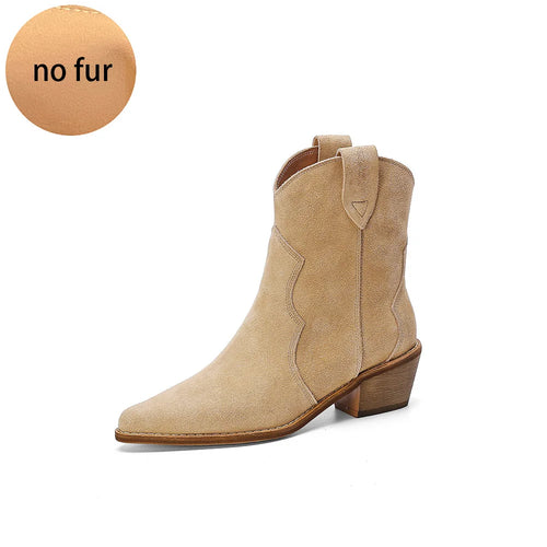 2023 Classic Western Boots for Woman Cow Suede Pointed toe Wedges Heel