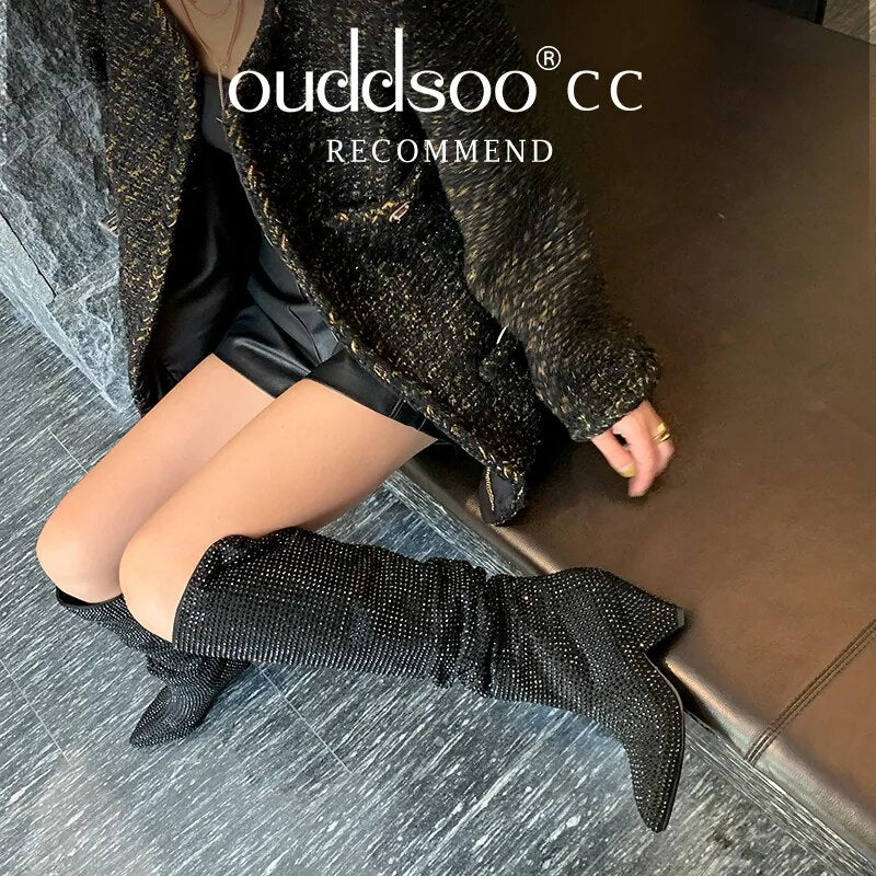 Ods Sexy Brand Luxury Bling Silver Crystal Knee High Chunky Womens