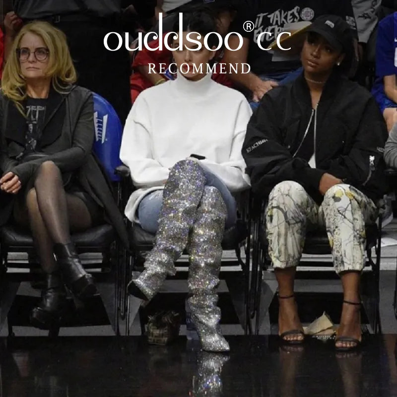 Ods Sexy Brand Luxury Bling Silver Crystal Knee High Chunky Womens