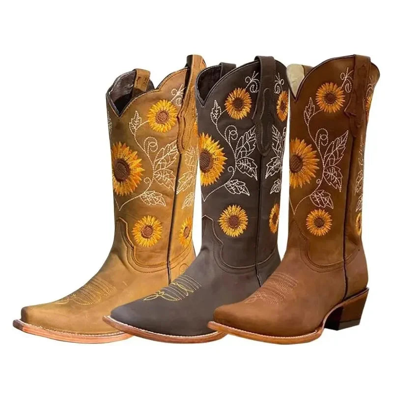 New Women Coffee Brown Embroidery Boots PU Leather Printed Western