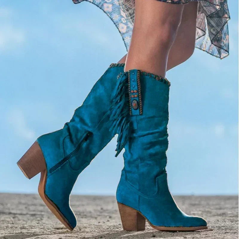 Women High Boots Trend Retro Metal Buckle Pointed Toe Thick Heel