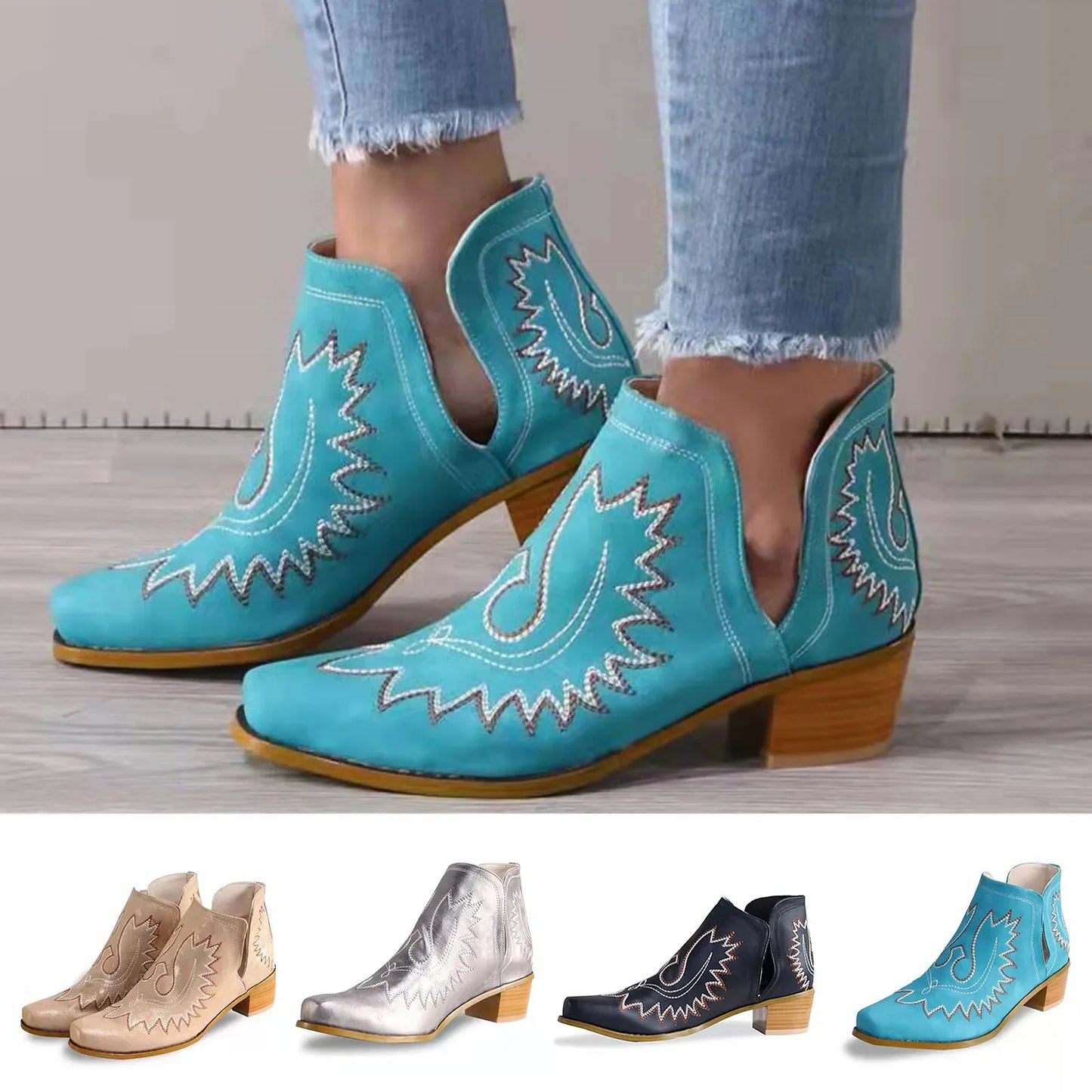 Women Boots Flower Embroidered Cowboy Boots Platform Winter Warm Ankle