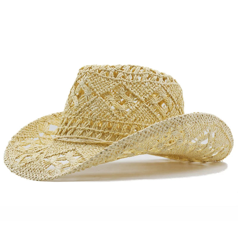Hollowed Out Wide Brim Western Cowboy Hat Retro Hand-woven Natural
