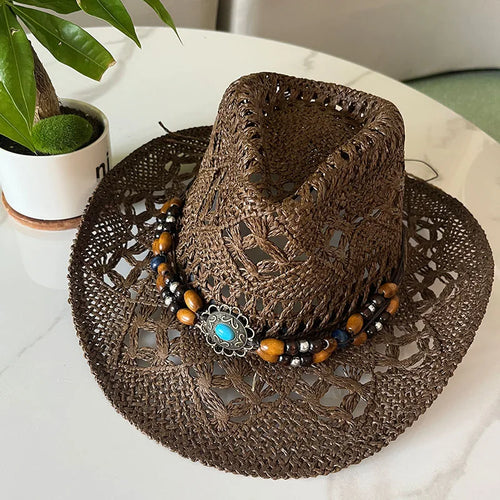 Straw Hat Women Men Summer Handmade Vintage Hollow Western brim Sun