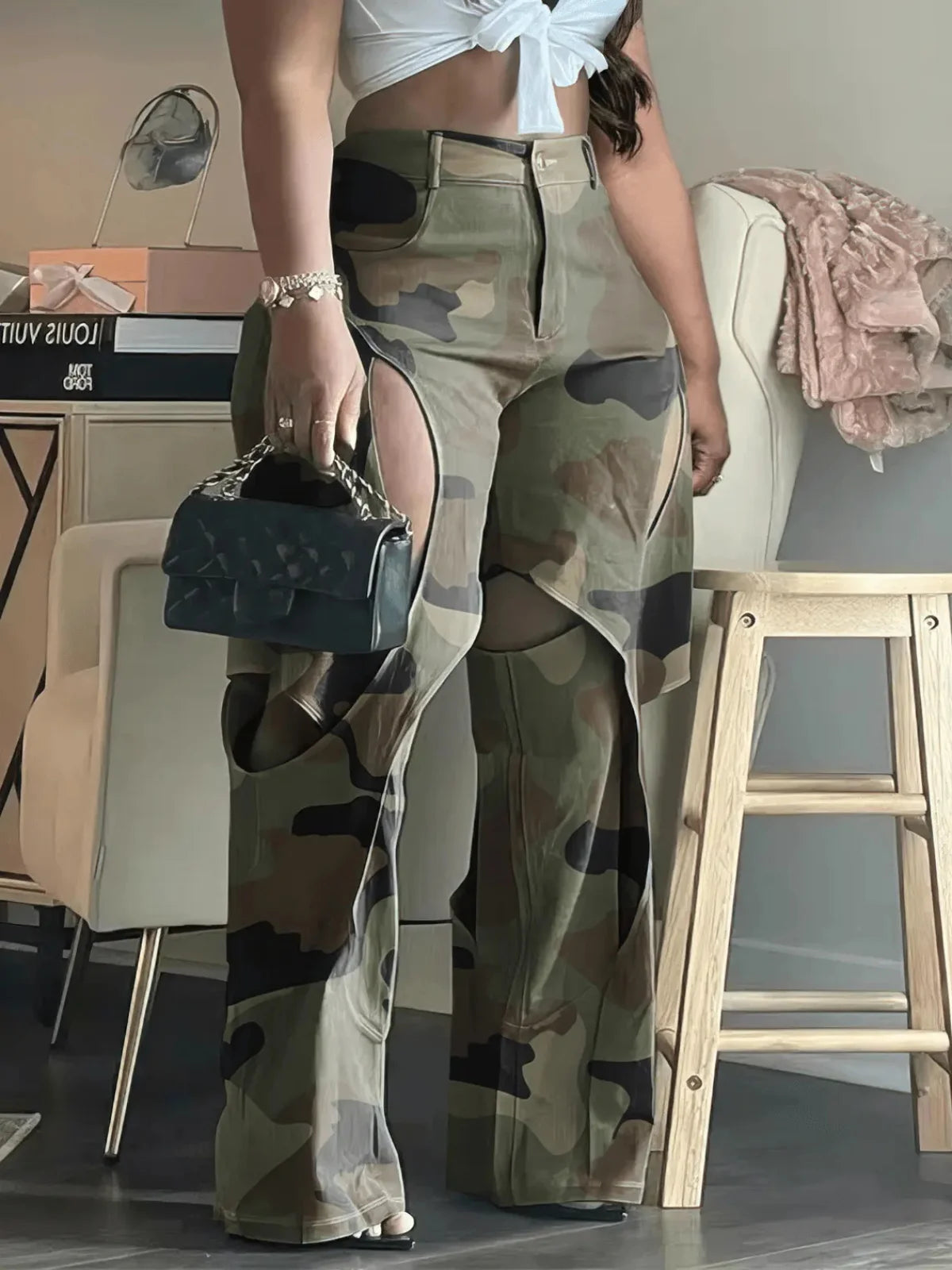 LW Camo Hollow Out Multicolor Pants Casual Loose Camouflage Print