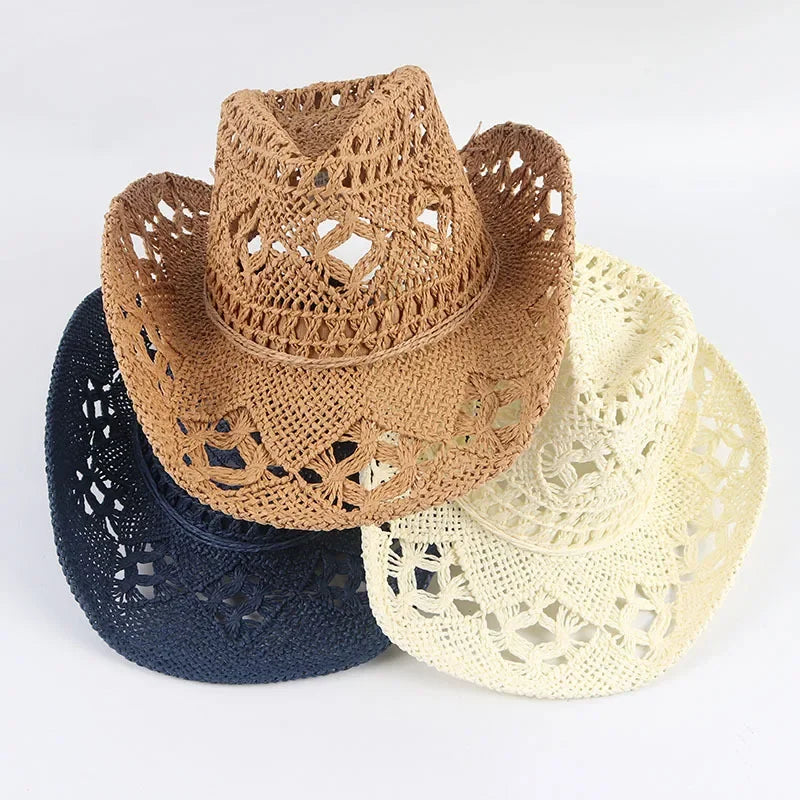 Summer Outdoor Men Women Hand-woven Western Cowboy Straw Hats Wide
