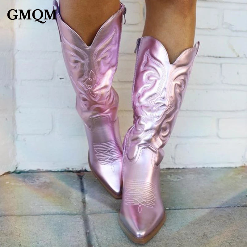 GMQM Cowboy Pink Cowgirl Boots For Women 2023 Fashion Zip Embroidered