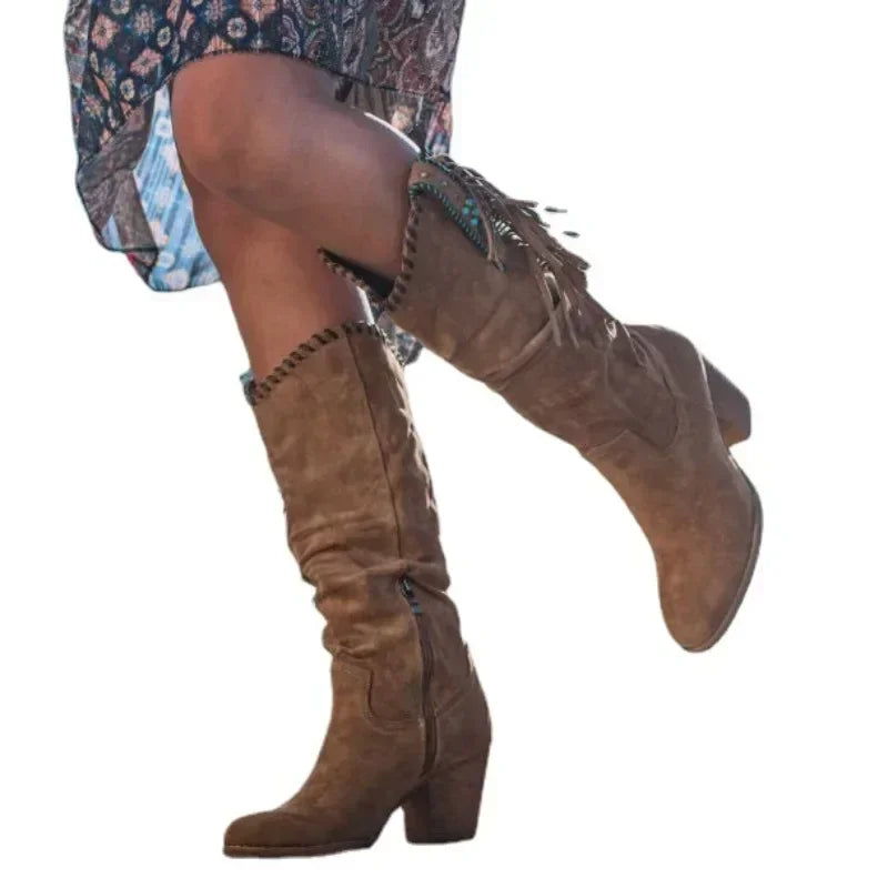 Women High Boots Trend Retro Metal Buckle Pointed Toe Thick Heel