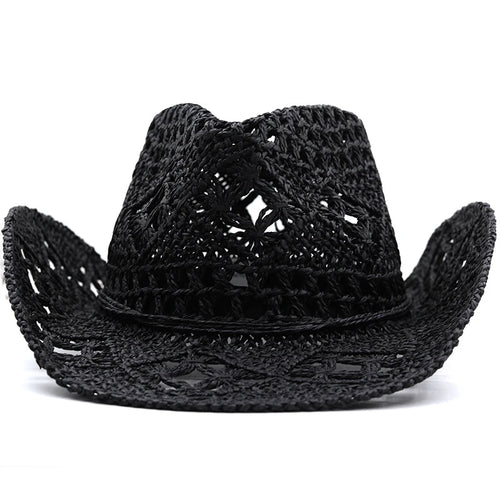 Hollowed Out Wide Brim Western Cowboy Hat Retro Hand-woven Natural