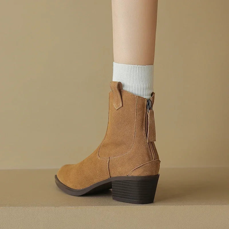 2024 Winter Classic Chelsea Boots for Woman Cow Suede Pointy Toe Wedge