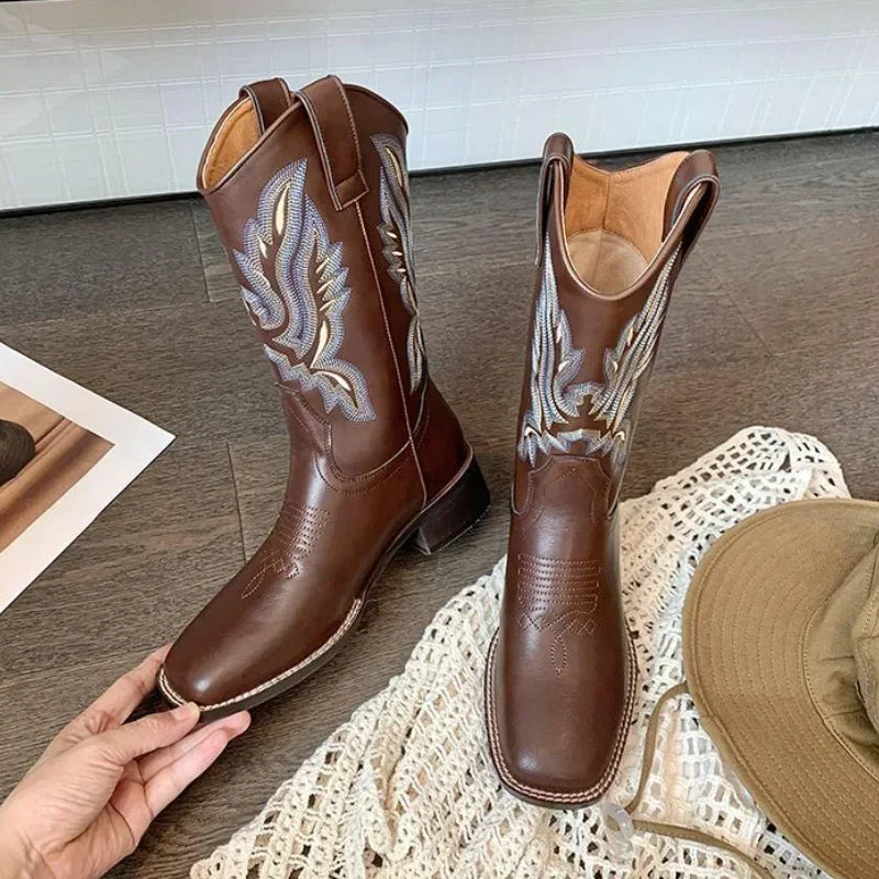 Women Retro Mid Calf Western Cowboy Motorcycle Boots Female Autumn