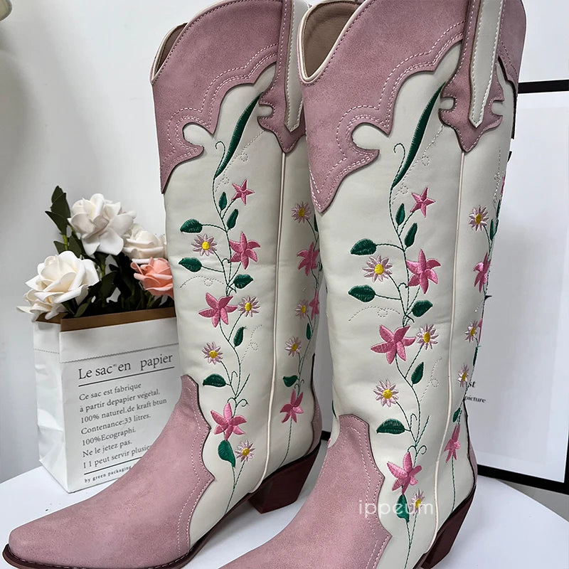 IPPEUM Cowgirl Boots Pink Flower Embroidered Knee Shoes For Women Mid
