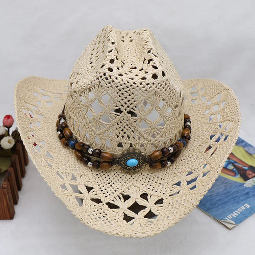 Straw Hat Women Men Summer Handmade Vintage Hollow Western brim Sun