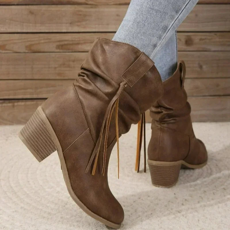 Women Vintage Brown Western Cowboy Boots Autumn Winter Tassel PU