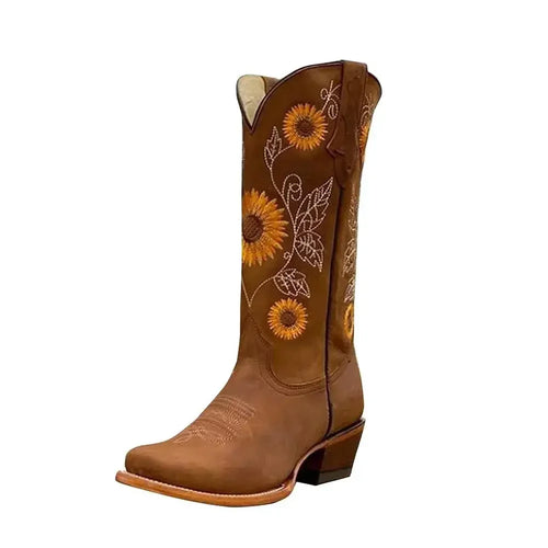 New Women Coffee Brown Embroidery Boots PU Leather Printed Western