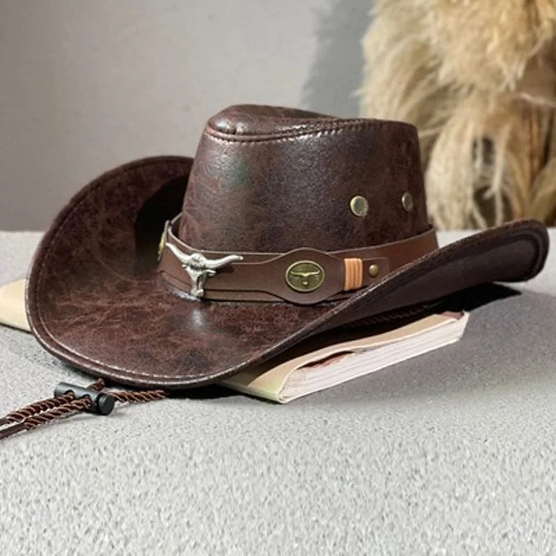 Western Cowboy Hat Ox Head Belt Rivet Fedora Cap For Men Women Outdoor