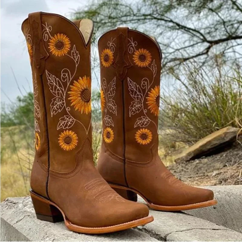 New Women Coffee Brown Embroidery Boots PU Leather Printed Western
