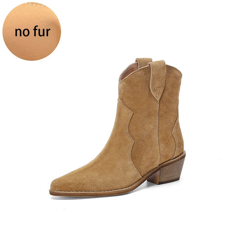 2023 Classic Western Boots for Woman Cow Suede Pointed toe Wedges Heel