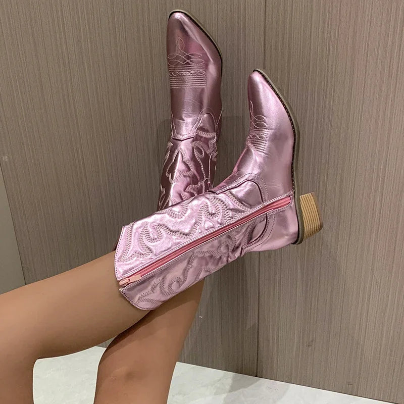 Women Shoes High Quality Gold Women's Boots Mid-calf Side Zipper