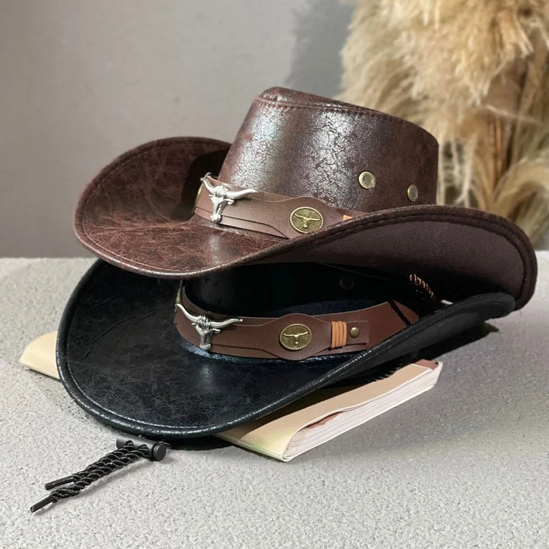 Western Cowboy Hat Ox Head Belt Rivet Fedora Cap For Men Women Outdoor
