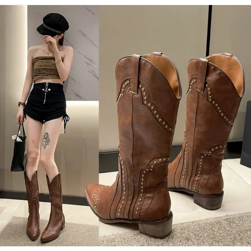 Retro Rivet Long Boots Women Low Heel Cowboy Chelsea Western Pu