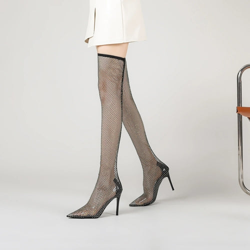 Ods Sexy Brand Luxury Bling Silver Crystal Knee High Chunky Womens