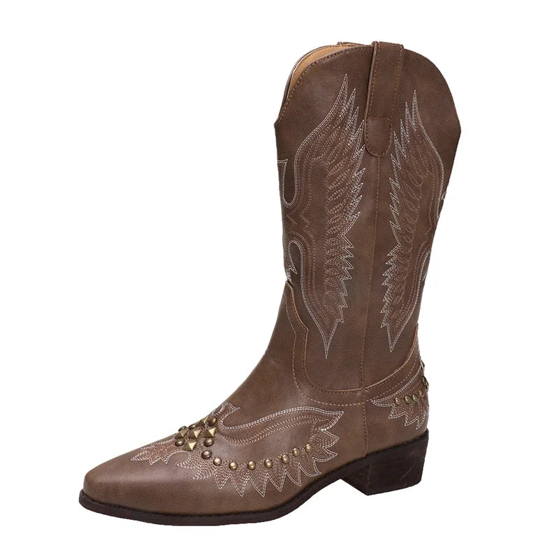 Studded Boots Women Low Heel Cowboy Chelsea Western Short Leather Knee