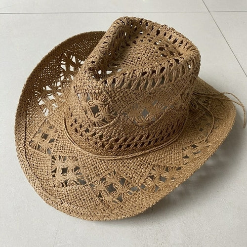 Straw Western Cowboy Hat for Women Men Classic Vintage Hollow Out