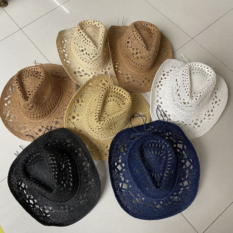 Straw Western Cowboy Hat for Women Men Classic Vintage Hollow Out