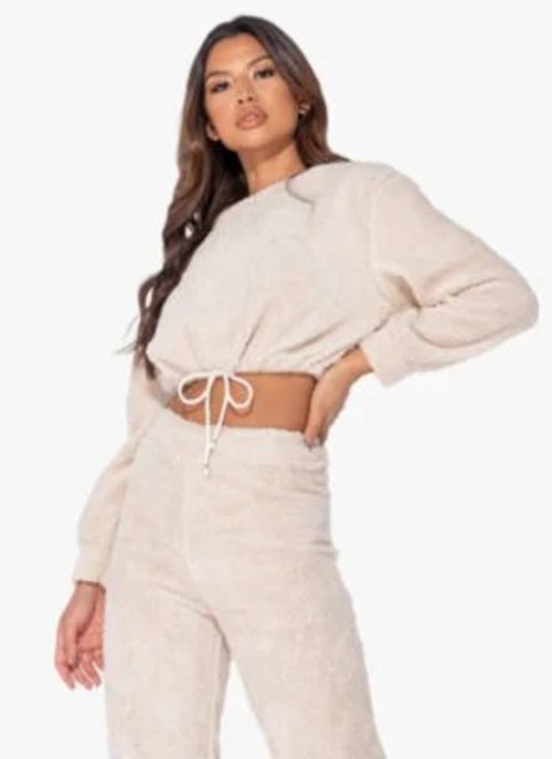 BEIGE TEDDY BORG CROPPED TOP & JOGGER LOUNGE SET