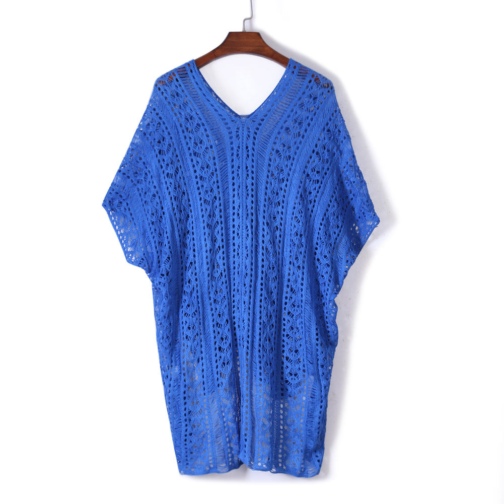 Cobalt Blue Crochet Knitted Tassel Tie Kimono Beachwear