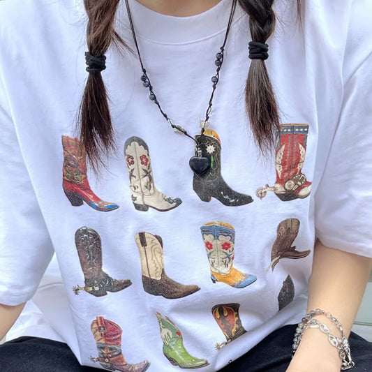 Boot Western T-Shirt Women T Shirt Summer Loose Vintage Boho Texas T