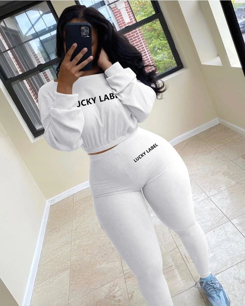 Letter Printed Embroidery Women Two Piece Ribbed Tracksuits Fall