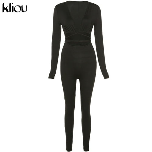 Kliou Solid Jumpsuit Bandage Cleavage Backless One Piece Outfit