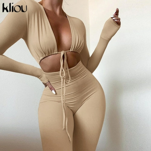 Kliou Solid Jumpsuit Bandage Cleavage Backless One Piece Outfit