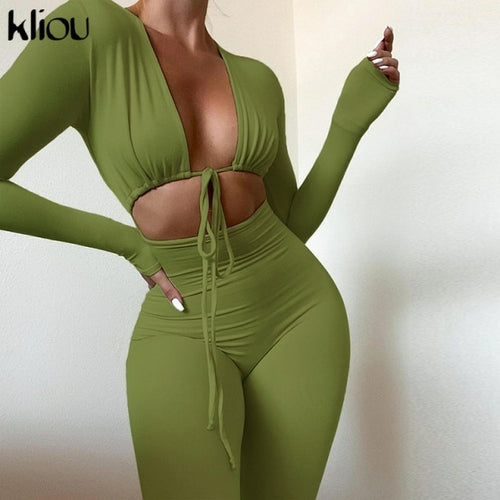 Kliou Solid Jumpsuit Bandage Cleavage Backless One Piece Outfit