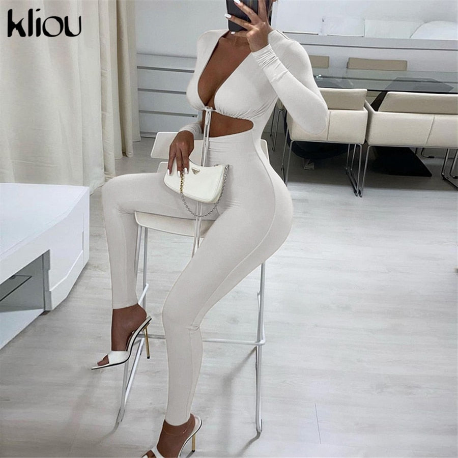 Kliou Solid Jumpsuit Bandage Cleavage Backless One Piece Outfit