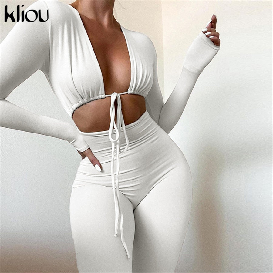 Kliou Solid Jumpsuit Bandage Cleavage Backless One Piece Outfit