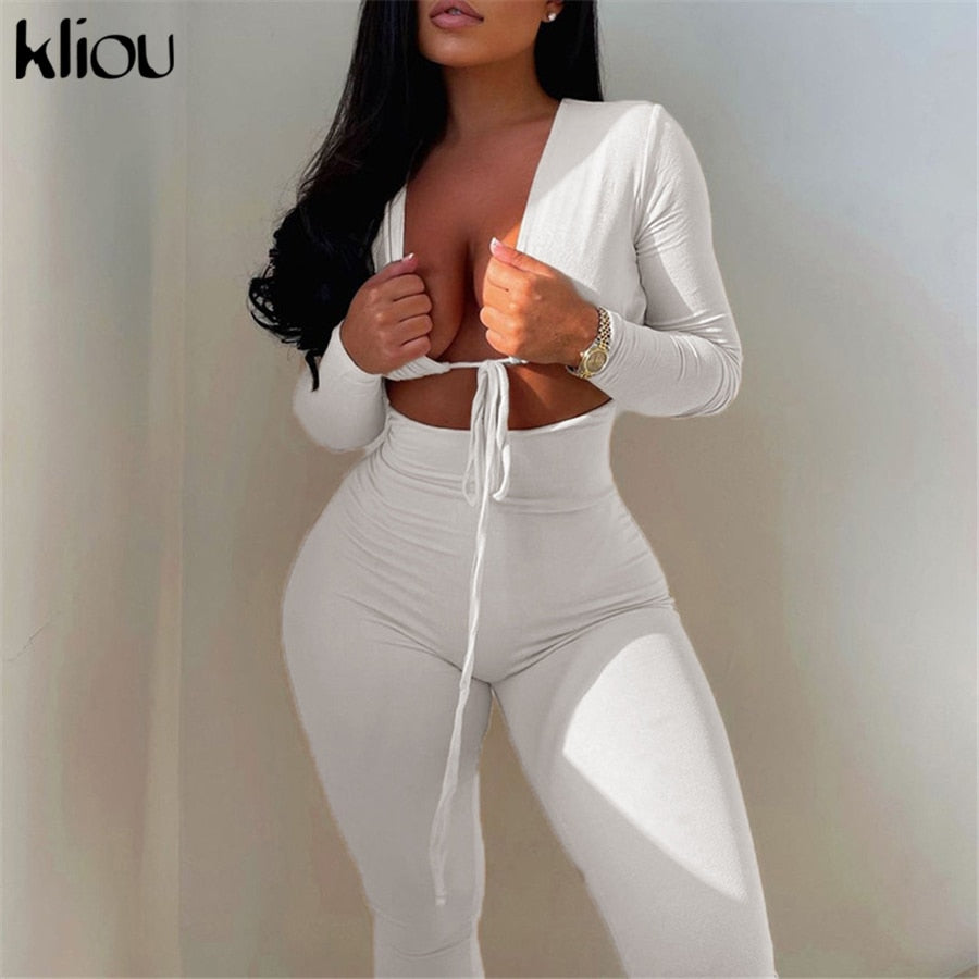 Kliou Solid Jumpsuit Bandage Cleavage Backless One Piece Outfit